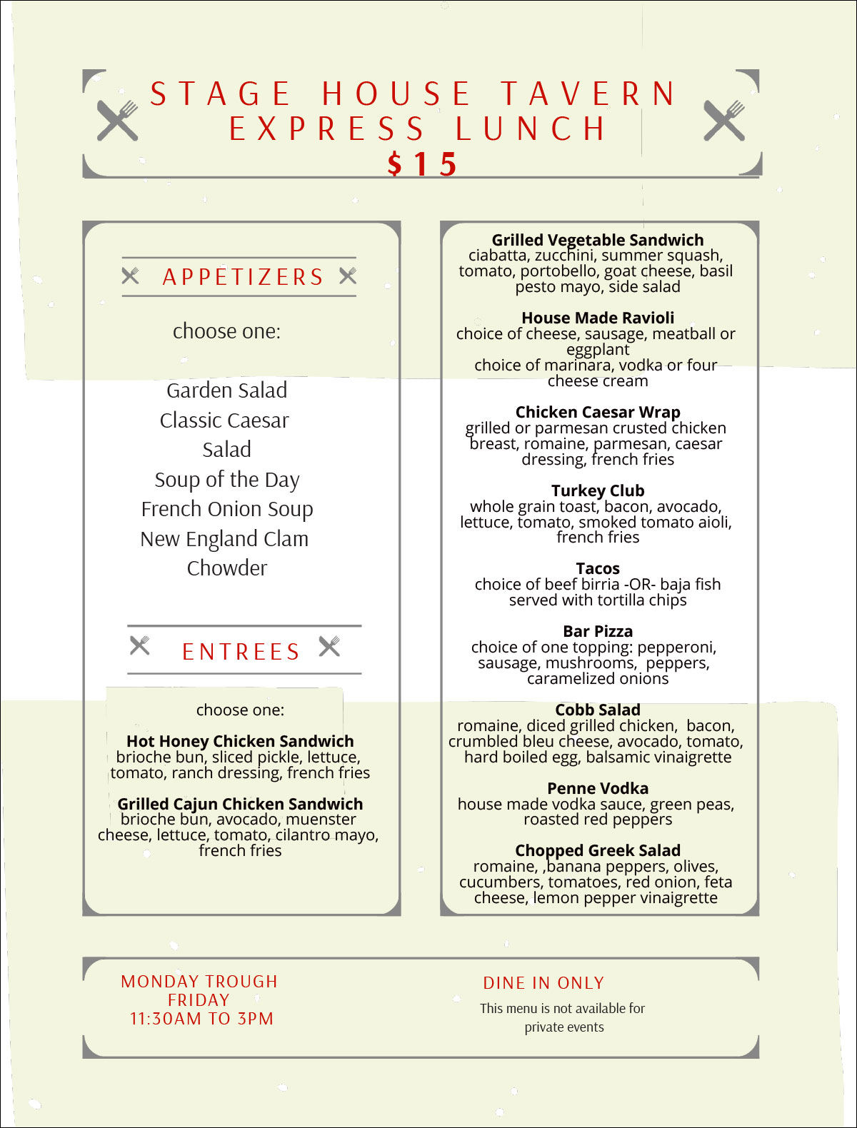 Menu Somerset, NJ Stage House Tavern