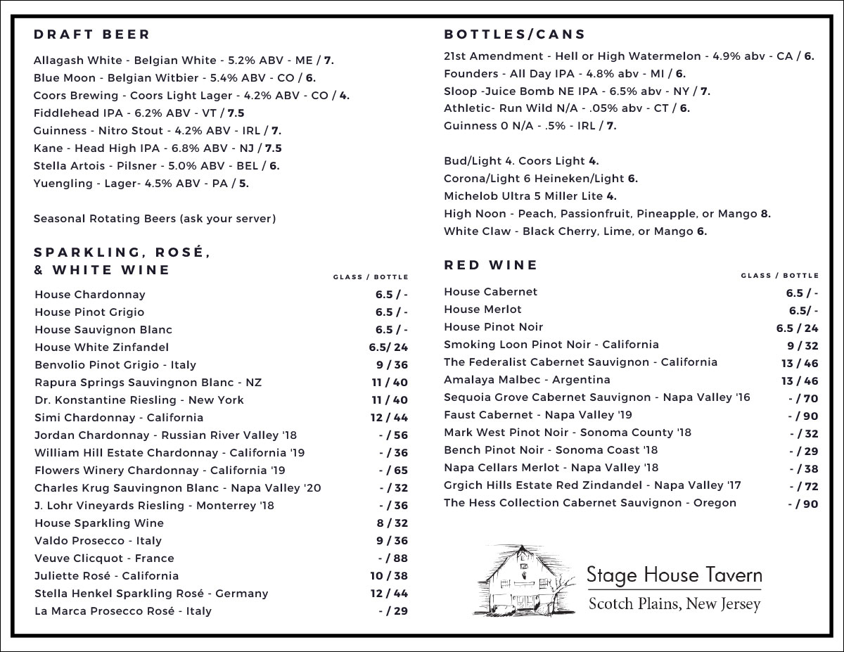 Beer and wine menu
